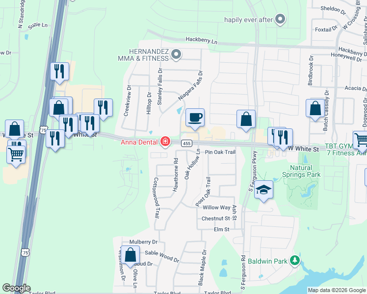 map of restaurants, bars, coffee shops, grocery stores, and more near 609 Victoria Falls Drive in Anna