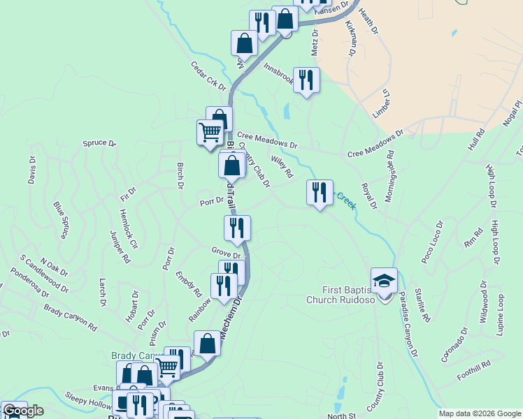 map of restaurants, bars, coffee shops, grocery stores, and more near 107 Buckner Drive in Ruidoso