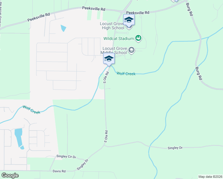 map of restaurants, bars, coffee shops, grocery stores, and more near 3499 South Ola Road in Locust Grove