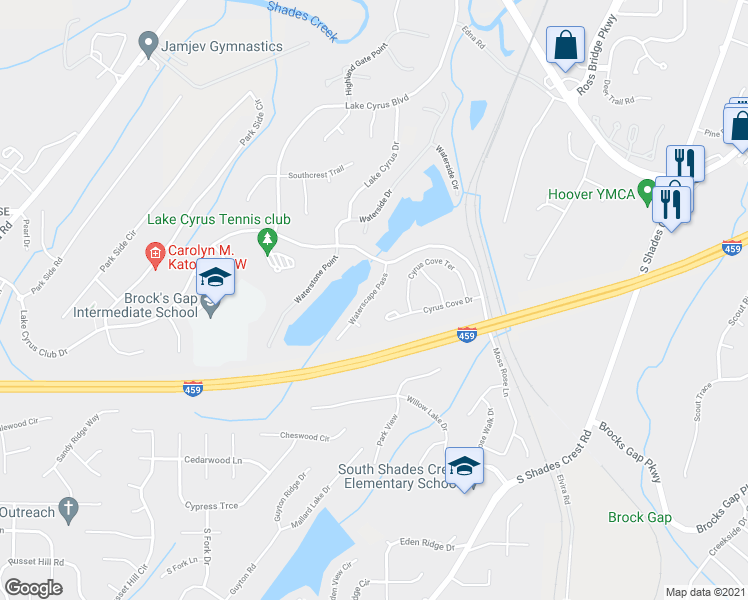 map of restaurants, bars, coffee shops, grocery stores, and more near 5928 Waterscape Pass in Birmingham