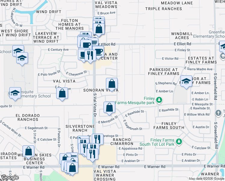 map of restaurants, bars, coffee shops, grocery stores, and more near 1726 East Amber Lane in Gilbert