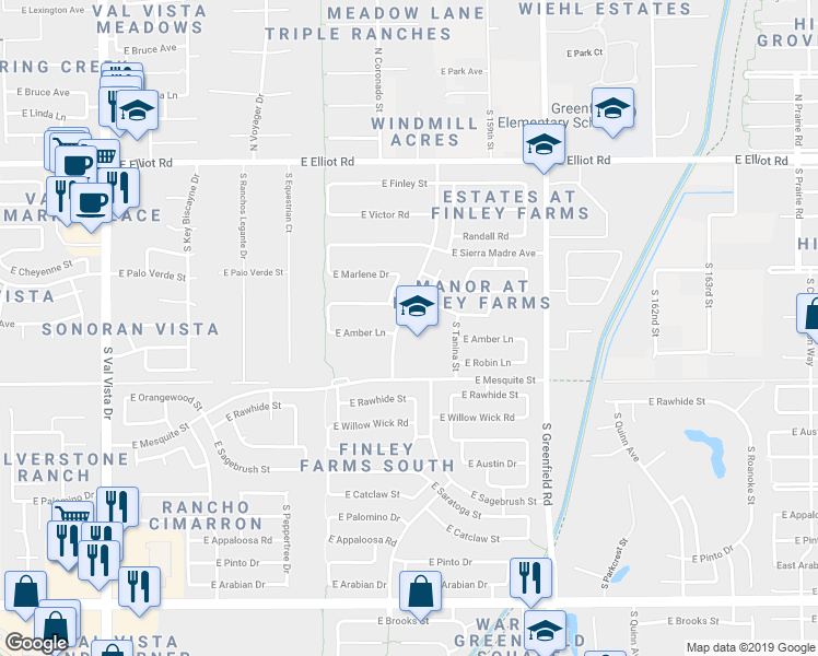 map of restaurants, bars, coffee shops, grocery stores, and more near 375 South Columbus Drive in Gilbert