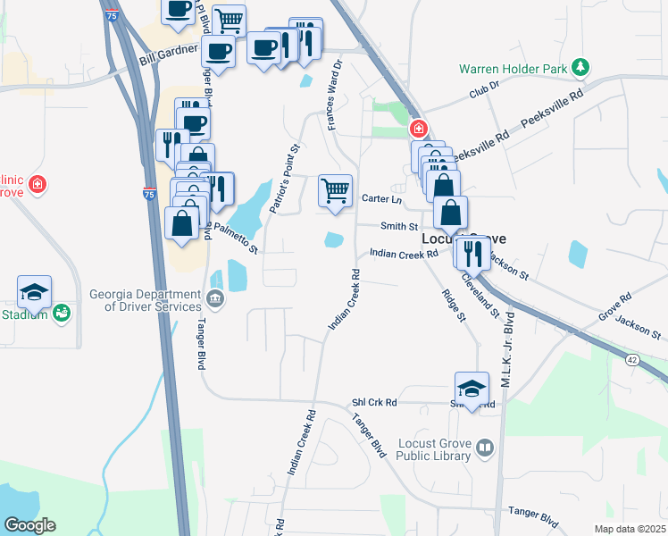 map of restaurants, bars, coffee shops, grocery stores, and more near 228 Indian Creek Road in Locust Grove