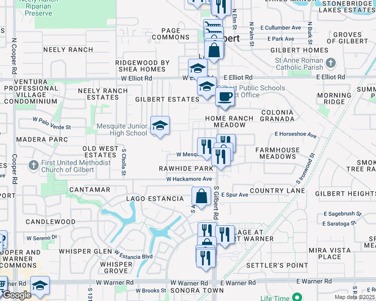 map of restaurants, bars, coffee shops, grocery stores, and more near 100 West Mesquite Street in Gilbert