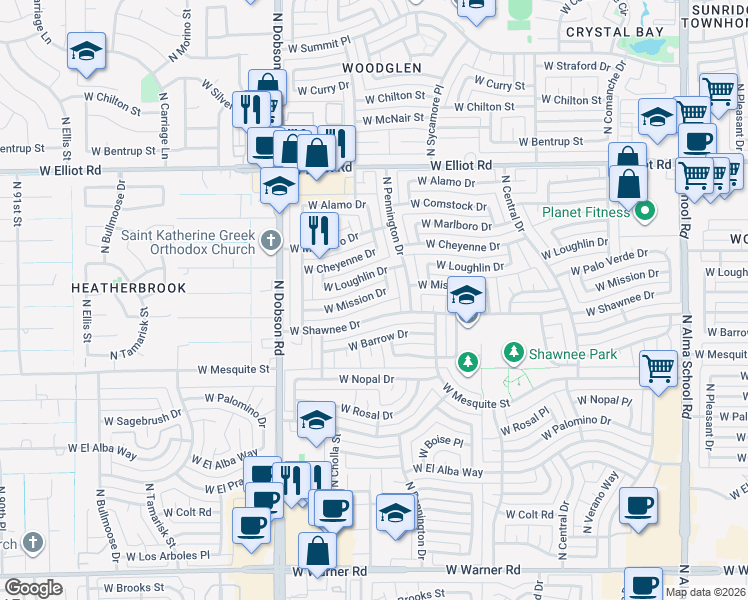 map of restaurants, bars, coffee shops, grocery stores, and more near 1808 West Mission Drive in Chandler