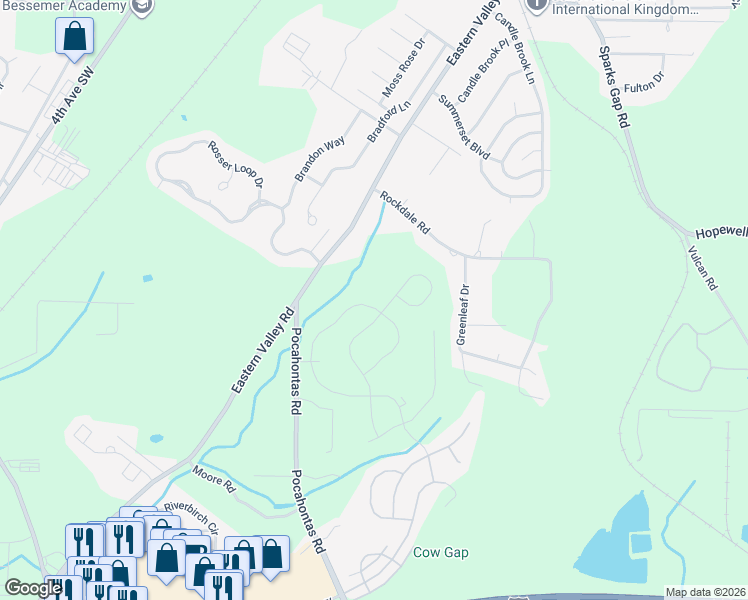 map of restaurants, bars, coffee shops, grocery stores, and more near 4680 Rosser Farms Parkway in Bessemer