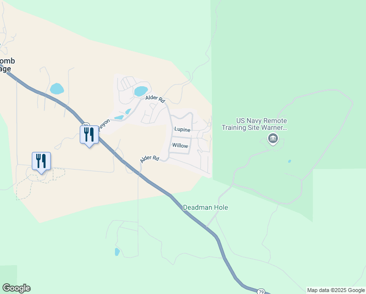 map of restaurants, bars, coffee shops, grocery stores, and more near 35109 California 79 in Warner Springs