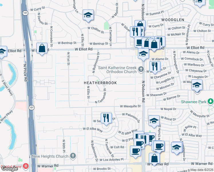 map of restaurants, bars, coffee shops, grocery stores, and more near 2339 West Mission Drive in Chandler