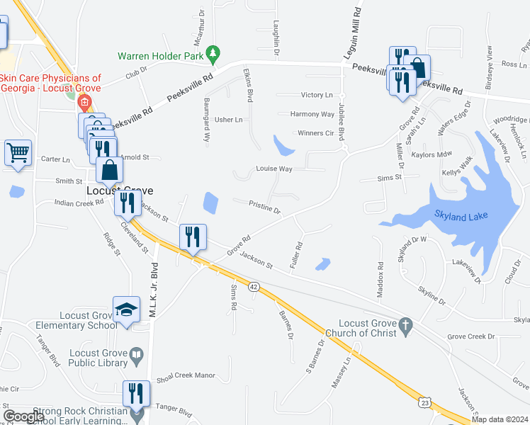 map of restaurants, bars, coffee shops, grocery stores, and more near 121 Pristine Drive in Locust Grove