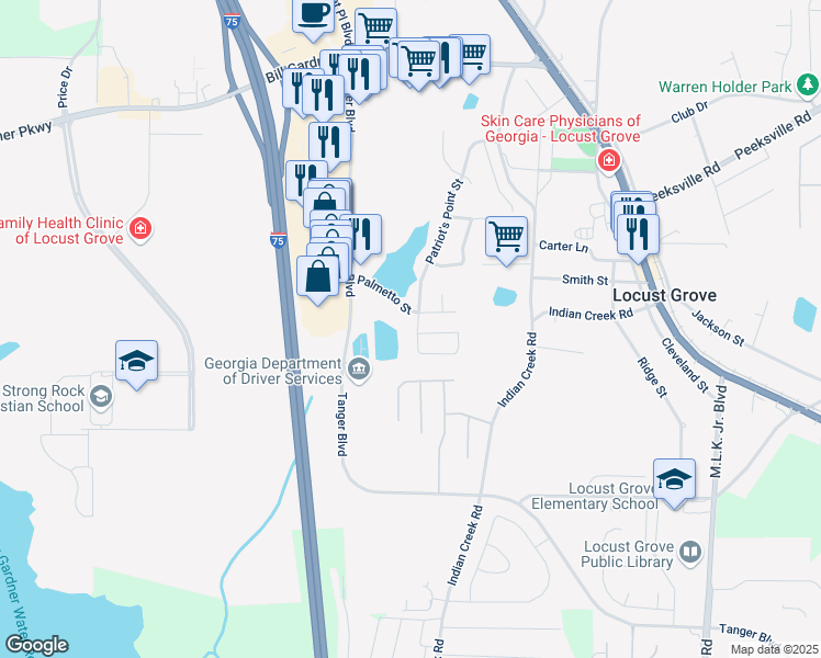 map of restaurants, bars, coffee shops, grocery stores, and more near 404 Pearl Street in Locust Grove