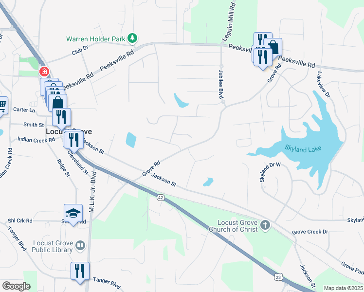 map of restaurants, bars, coffee shops, grocery stores, and more near 100 Pristine Drive in Locust Grove