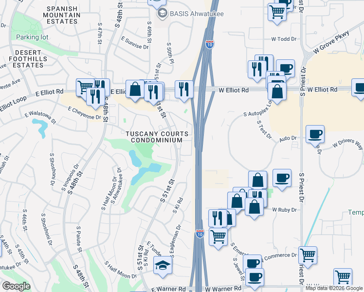 map of restaurants, bars, coffee shops, grocery stores, and more near 11221 South 51st Street in Phoenix