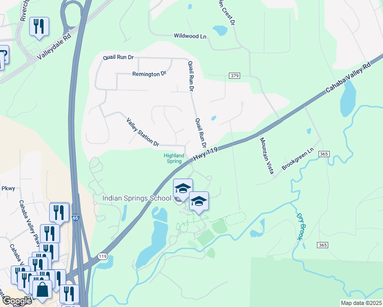 map of restaurants, bars, coffee shops, grocery stores, and more near 1575 Cahaba Valley Road in Pelham