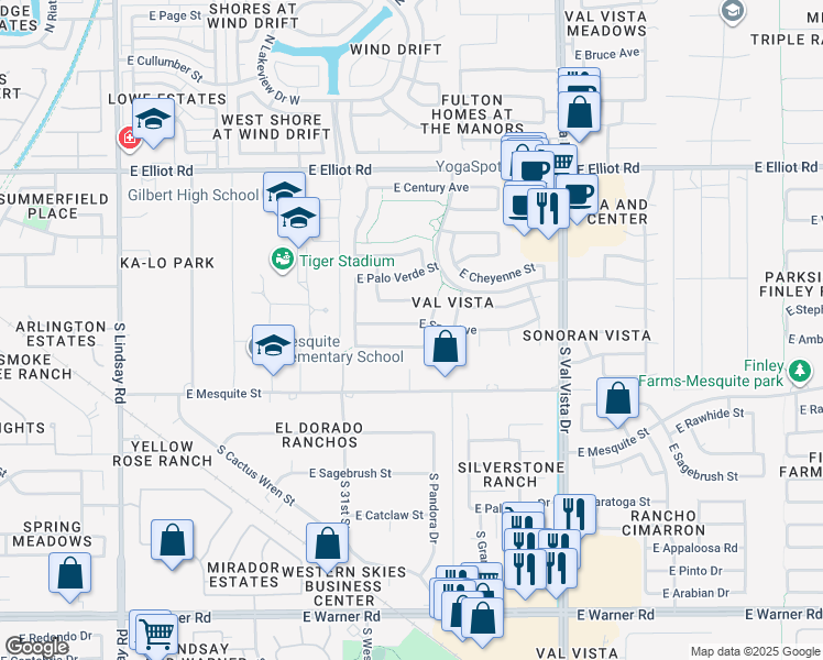 map of restaurants, bars, coffee shops, grocery stores, and more near 1301 East Spur Avenue in Gilbert