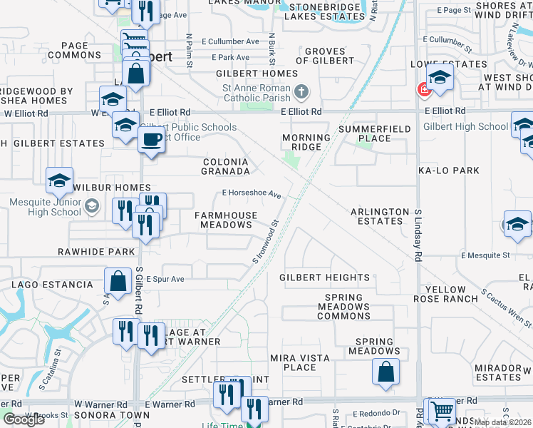 map of restaurants, bars, coffee shops, grocery stores, and more near 284 South Ironwood Street in Gilbert