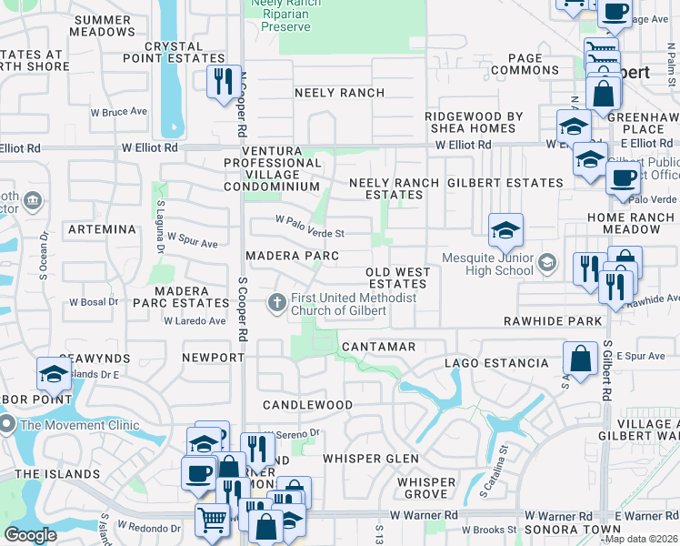 map of restaurants, bars, coffee shops, grocery stores, and more near 549 West Spur Avenue in Gilbert