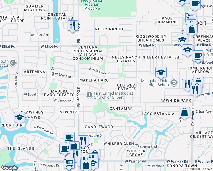 map of restaurants, bars, coffee shops, grocery stores, and more near 549 West Spur Avenue in Gilbert