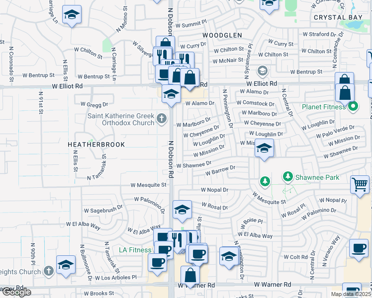 map of restaurants, bars, coffee shops, grocery stores, and more near 1727 West Loughlin Drive in Chandler