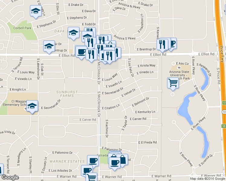 map of restaurants, bars, coffee shops, grocery stores, and more near 1830 East Secretariat Drive in Tempe
