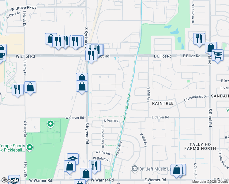 map of restaurants, bars, coffee shops, grocery stores, and more near 313 West Verde Lane in Tempe