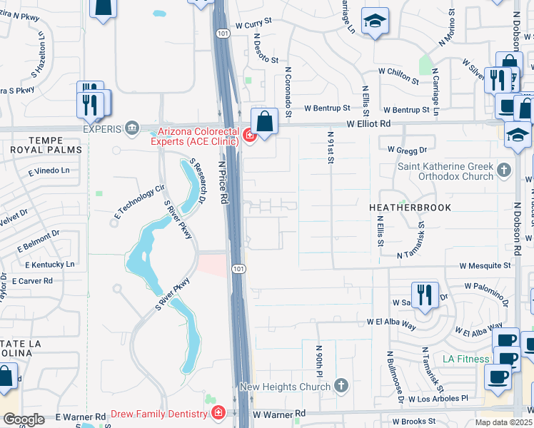 map of restaurants, bars, coffee shops, grocery stores, and more near 2727 North Price Road in Chandler