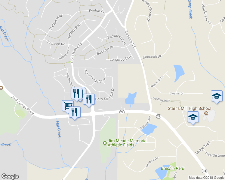 map of restaurants, bars, coffee shops, grocery stores, and more near 119 Holly Springs Drive in Peachtree City