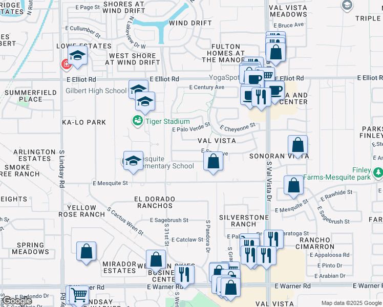 map of restaurants, bars, coffee shops, grocery stores, and more near 1301 East Spur Avenue in Gilbert