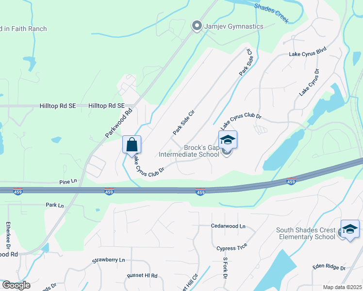 map of restaurants, bars, coffee shops, grocery stores, and more near 5597 Park Side Circle in Birmingham