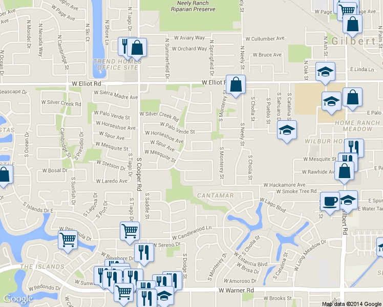 map of restaurants, bars, coffee shops, grocery stores, and more near 549 West Spur Avenue in Gilbert