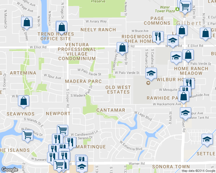 map of restaurants, bars, coffee shops, grocery stores, and more near 501 West Spur Avenue in Gilbert