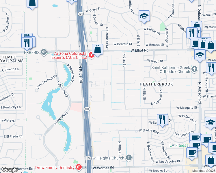 map of restaurants, bars, coffee shops, grocery stores, and more near 2727 North Price Road in Chandler