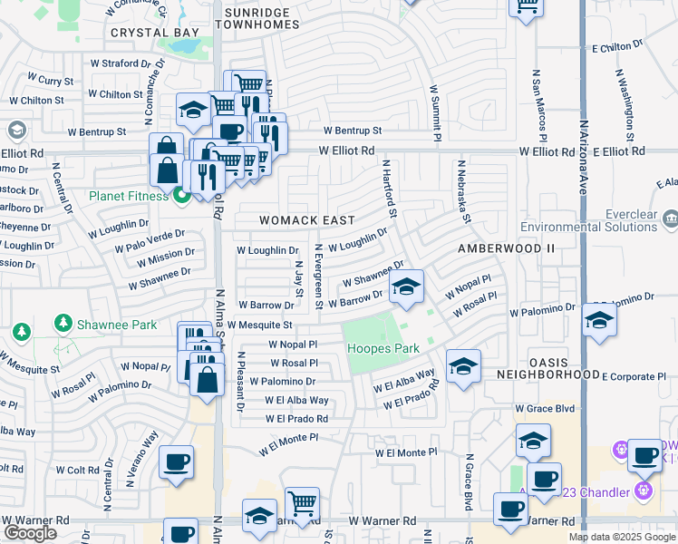 map of restaurants, bars, coffee shops, grocery stores, and more near 687 West Mission Drive in Chandler