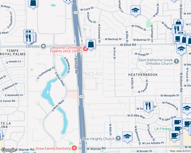 map of restaurants, bars, coffee shops, grocery stores, and more near 2727 North Price Road in Chandler