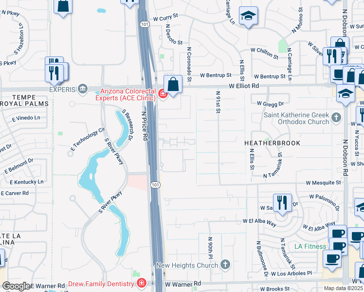map of restaurants, bars, coffee shops, grocery stores, and more near 2727 North Price Road in Chandler