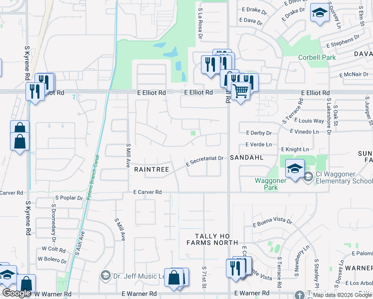 map of restaurants, bars, coffee shops, grocery stores, and more near 447 East Vinedo Lane in Tempe