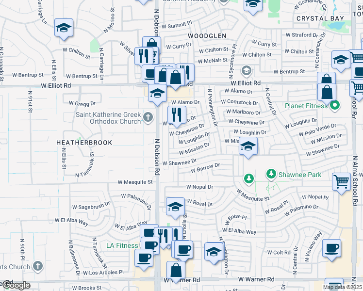 map of restaurants, bars, coffee shops, grocery stores, and more near 1727 West Loughlin Drive in Chandler