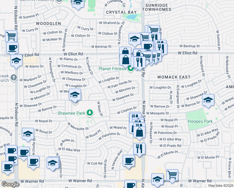 map of restaurants, bars, coffee shops, grocery stores, and more near 1125 West Mission Drive in Chandler