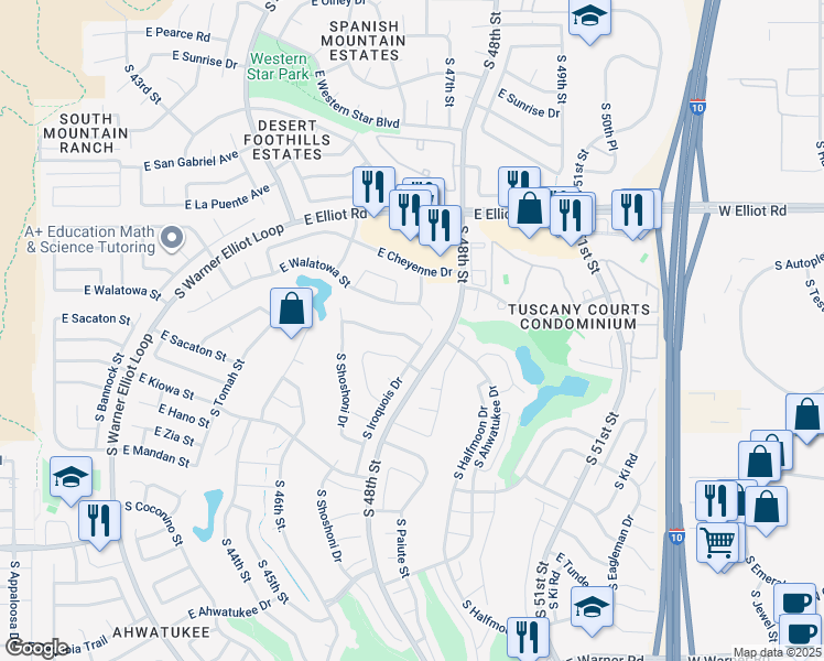 map of restaurants, bars, coffee shops, grocery stores, and more near 4758 East Ahwatukee Drive in Phoenix
