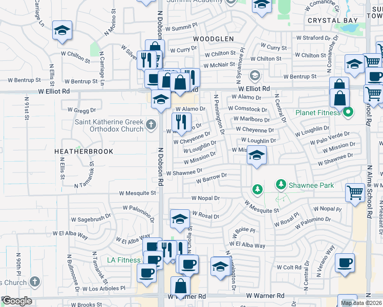 map of restaurants, bars, coffee shops, grocery stores, and more near 1727 West Loughlin Drive in Chandler