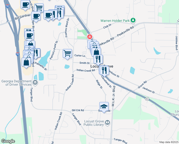 map of restaurants, bars, coffee shops, grocery stores, and more near 60 Ridge Street in Locust Grove