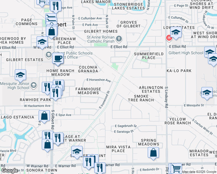 map of restaurants, bars, coffee shops, grocery stores, and more near 284 South Ironwood Street in Gilbert