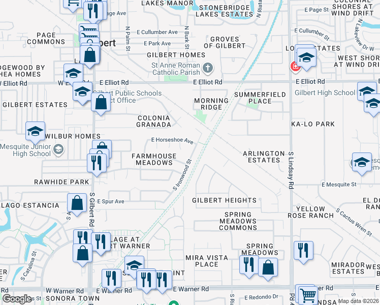 map of restaurants, bars, coffee shops, grocery stores, and more near 284 South Ironwood Street in Gilbert