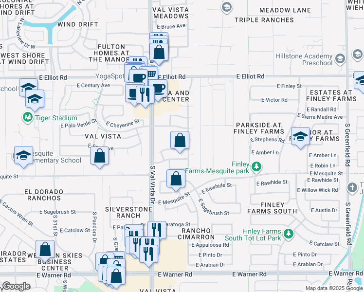 map of restaurants, bars, coffee shops, grocery stores, and more near 1726 East Amber Lane in Gilbert
