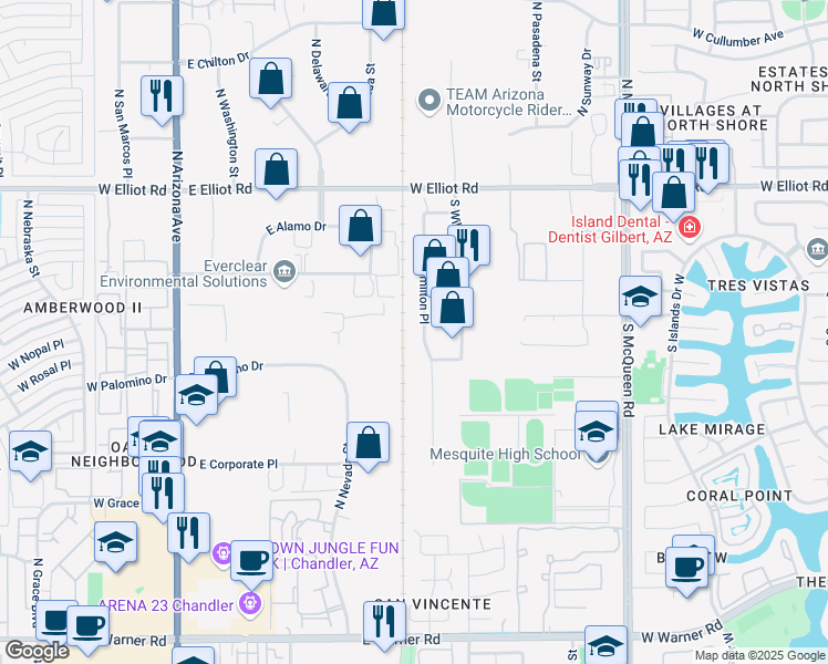 map of restaurants, bars, coffee shops, grocery stores, and more near 264 South Hamilton Place in Gilbert