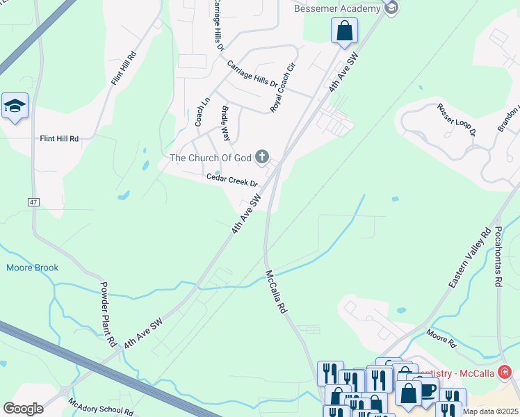 map of restaurants, bars, coffee shops, grocery stores, and more near 214 McCalla Road in Bessemer
