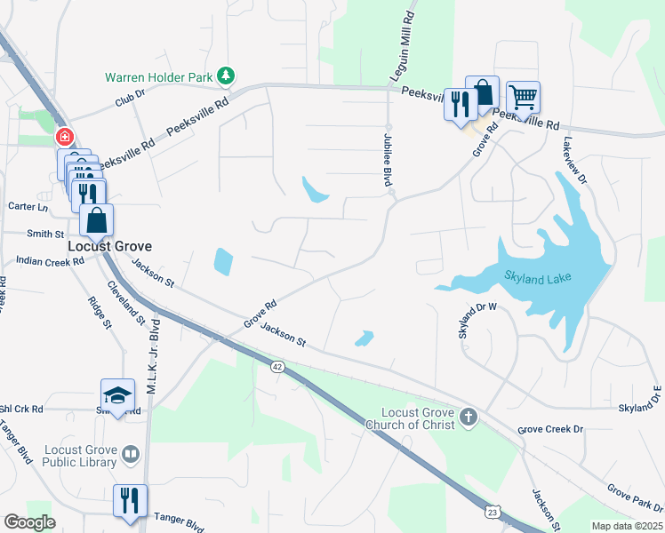map of restaurants, bars, coffee shops, grocery stores, and more near 100 Pristine Drive in Locust Grove