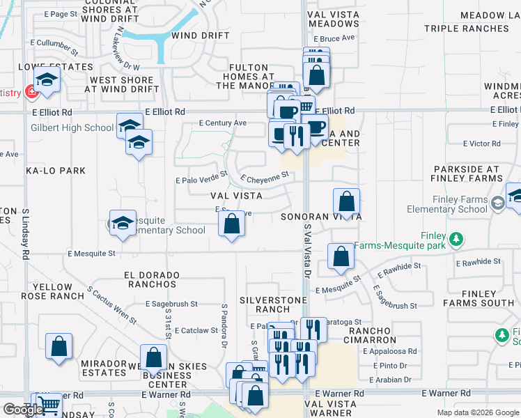 map of restaurants, bars, coffee shops, grocery stores, and more near 1444 East Spur Avenue in Gilbert