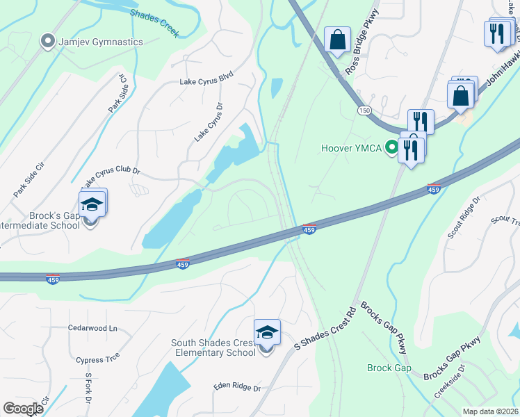 map of restaurants, bars, coffee shops, grocery stores, and more near 1809 Cyrus Cove Terrace in Hoover