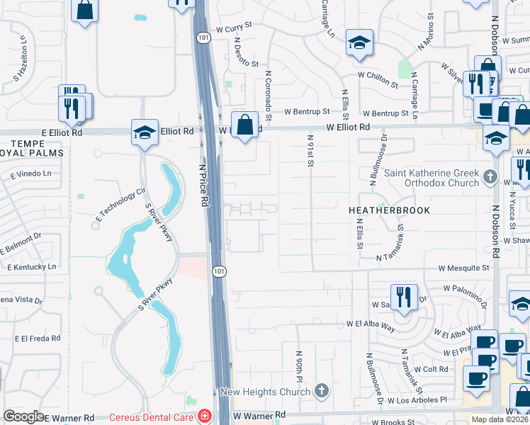 map of restaurants, bars, coffee shops, grocery stores, and more near 2727 North Price Road in Chandler