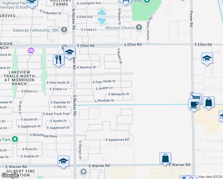 map of restaurants, bars, coffee shops, grocery stores, and more near 4253 East Amber Lane in Gilbert